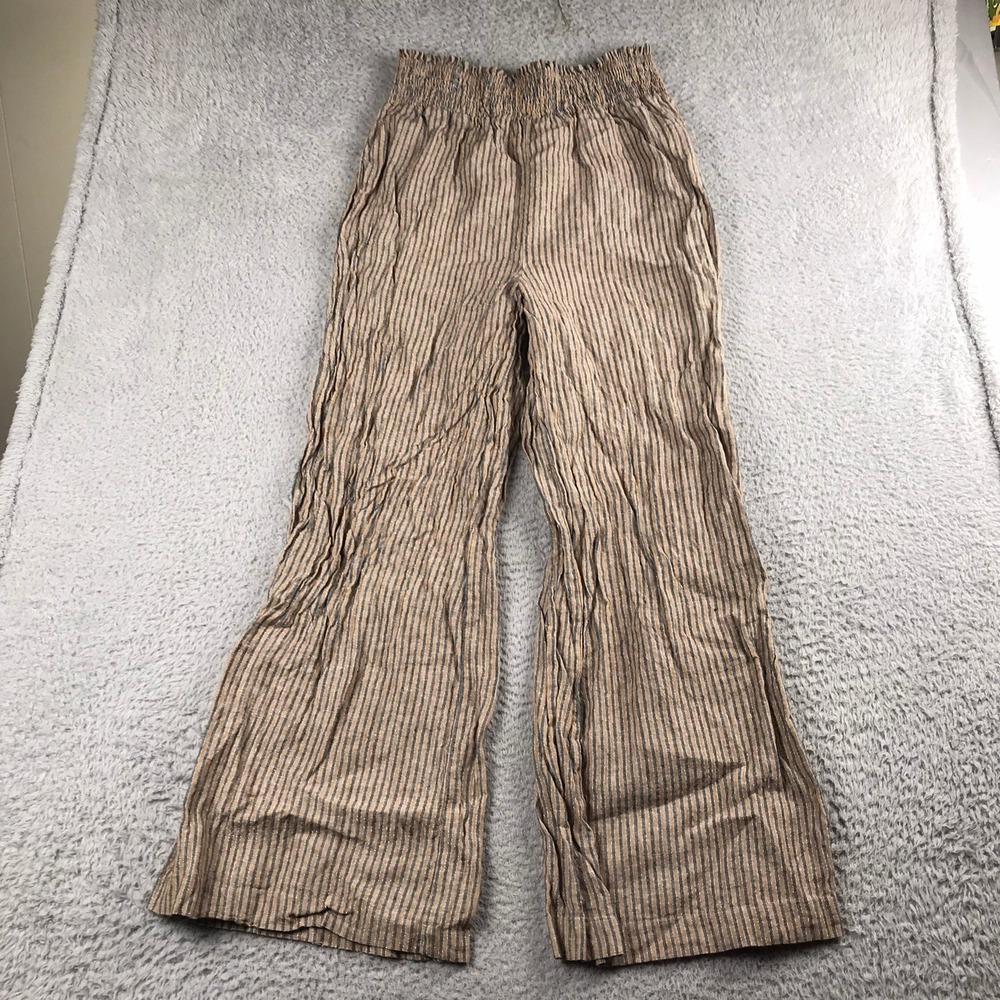 Boden Wide Leg Pants Women 10L Brown‎ Striped Linen Blend Smocked Waist Metallic